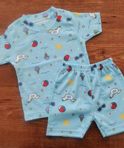 Knitted Cotton Half Sleeve T-Shirt and Shorts Set - Blue with Unicorn and Duck - DTS1
