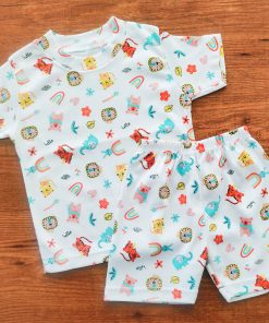 Knitted Cotton Half Sleeve T-Shirt and Shorts Set - White with Color Full Animals and Rainbow - DTS1