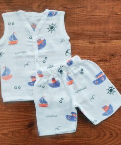 Muslin Cotton Jhabla and Shorts Set - Boat and Anchor - JS1