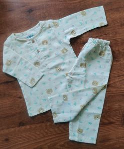 Pajama Set-Organic Muslin cotton - FIPJ - Beige Bear and Green Leaf