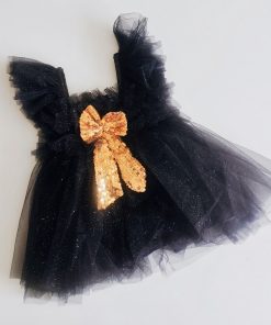 Girls Frock - Black with Golden Bow - FRK