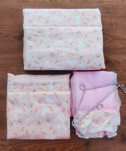 Cotton Cradle with Net, Bed, Pillow and Hanger – Pack of 5 - Pink with Rainbow and Carrot