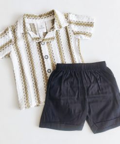 Shirt and Shorts Set - Green and White with Black Shorts  - SH1