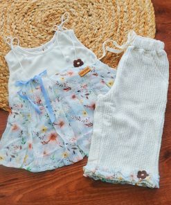 Premium Top and 3/4th Shorts - GTSH - Blue Floral Top and Cream Shorts
