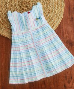 Girls Frock - FRK- White with Red, Green, Yellow and Blue Strip