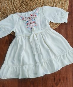 Girls Frock - FRK- Off White with Embroidery Neck