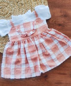 Girls Casual Frock - Peach and White Check - FRK