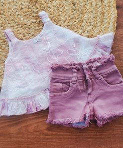 Premium Top and Shorts - GTSH - Light Pink and White Top and Pink Denim Shorts
