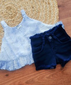 Premium Top and Shorts - GTSH - Light Blue and White Top and Dark Blue Denim Shorts