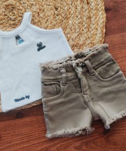 Premium Top and Shorts - Off White Top and Beige Denim Shorts - GTSH