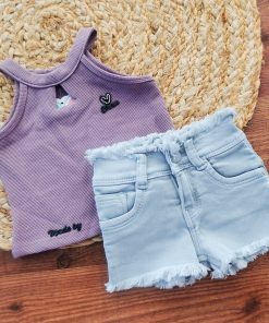 Premium Top and Shorts - GTSH - Dark Purple Top and Grey Denim Shorts