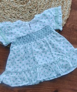 Girls Frock - White with Green Rhombus Shape - FRK1