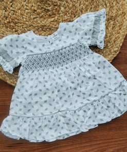 Girls Frock - White with Grey Rhombus Shape - FRK1