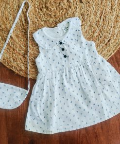 Girls Frock with Bag - White Dark Blue Print - FRK1