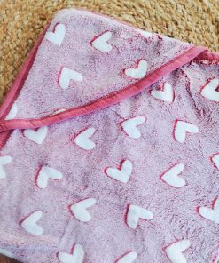 Fleece Hooded Blanket - 90x90cm - Dark Pink with Heart - HBL