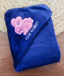 Fleece Hooded Blanket - 90x90cm - Navy Blue with Pink Rabbit - HBL