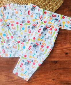 Full Sleeve Pajama Set - White with Alphabet and Animals - PJ1