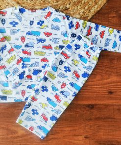 Full Sleeve Pajama Set - White with Blue, Red, Yellow Vehicles - PJ1