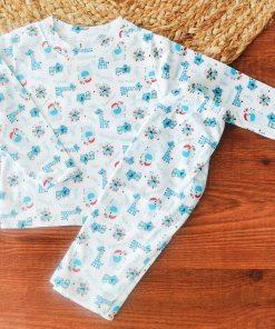 Full Sleeve Pajama Set - White with Tiger, Elephant, Lion - PJ1