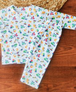 Full Sleeve Pajama Set - White with Trains and Trucks - PJ1
