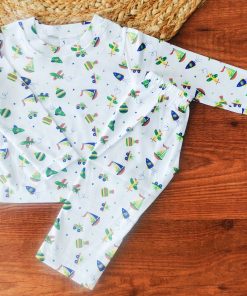Full Sleeve Pajama Set - White with Sailboat, Rocket, Airplane - PJ1