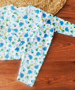 Full Sleeve Pajama Set - White with Blue Elephant - PJ1