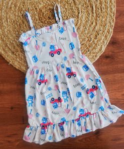 Knitted Cotton Daily Wear Frock - Beige with Car - DFK1