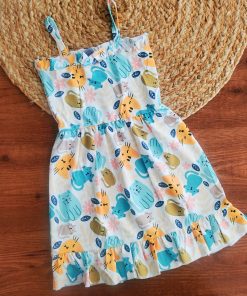 Knitted Cotton Daily Wear Frock - Floral with Cat Print - DFK1