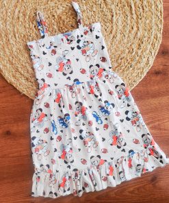 Knitted Cotton Daily Wear Frock - Cream with Mickey - DFK1