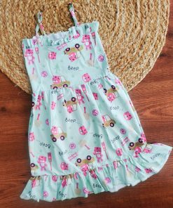 Knitted Cotton Daily Wear Frock - Green with Pink Teddy - DFK1