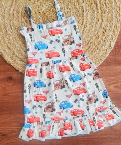 Knitted Cotton Daily Wear Frock - Cream with Car - DFK1