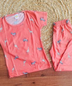 Girls Half Sleeve Pajama Set - Light Red with Zebra - PJ1
