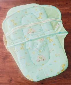 Foldable Muslin Bedding Set - Green with Giraffe, Flower and Car - BS1 - Image 2