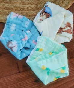 Crinkled Muslin Face Towel - Pack Of 3 - Blue + Green + Off White