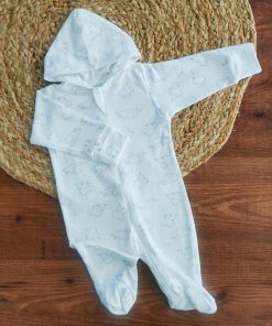 Hooded Sleeping Suit - White with Blue Line Elephant - SS1