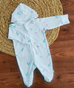 Hooded Sleeping Suit - White with Green Hen - SS1