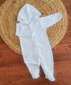 Hooded Sleeping Suit - White with Doted Blue Rabbit- SS1