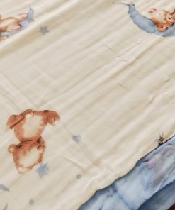 Alternative view of Muslin Crinkled Blanket - Blue Border with Teddy on Moon - BL1