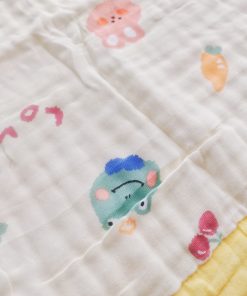 Alternative view of Muslin Crinkled Blanket - Yellow Border with Rabbit and Carrot - BL1