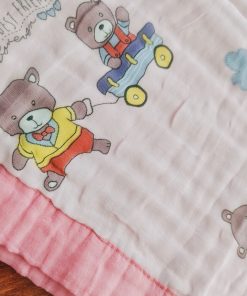 Alternative view of Muslin Crinkled Blanket - Pink Border with Teddy Bear - BL1