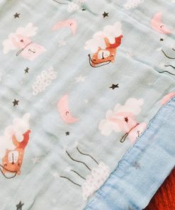 Alternative view of Muslin Crinkled Blanket - Blue Border with Teddy on Cloud - BL1