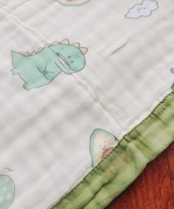 Alternative view of Muslin Crinkled Blanket - Green Border with Dino - BL1