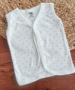 Sleeveless Jhabla Front Button -  Off white with Pink Round - FSJ1
