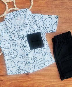 Shirt and Shorts Set - White with Black Print and Black - SH1