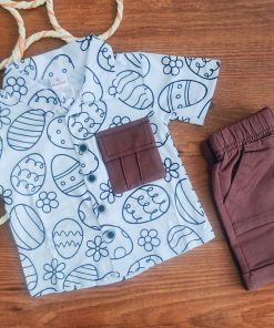 Shirt and Shorts Set - White with Black Print and Dark Reddish - Brown - SH1