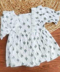 Girls Casual Frock - White with Cactus - FRK