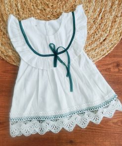 Girls Casual Frock - Off White with Green - FRK