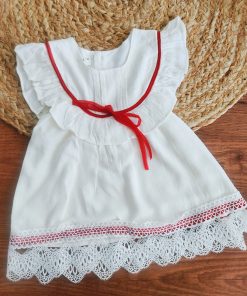 Girls Casual Frock - Off White with Red - FRK