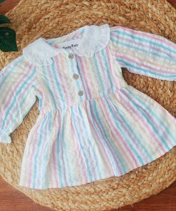 Girls Casual Frock - White with Color Strip - FRK