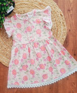 Girls Casual Frock - Peach with Pink Floral - FRK
